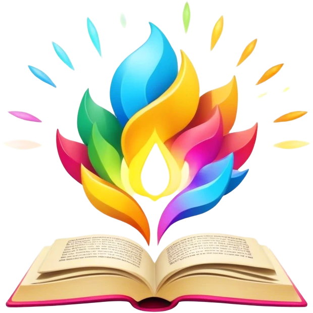 Un libro con un aura de colores vibrantes, con destellos dorados flotando a su alrededor,  un rayo de luz atravesándolo, simbolizando la explosión de creatividad sin miedo. book of creative power  emoji