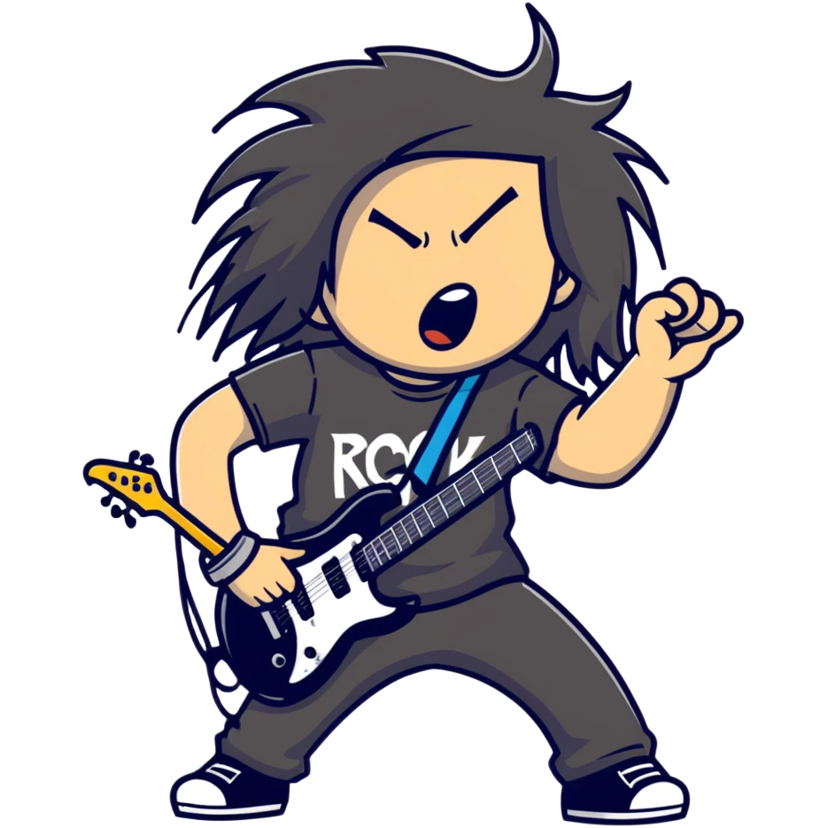A metalhead headbanging with long hair, wearing a rock band t-shirt, excited expression emoji