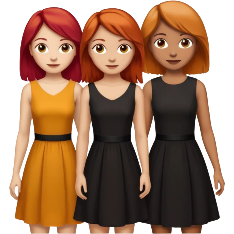 Can you create an image of 3 friends together one with red bright hair light skin one the other with brown hair with some blonde highlights in the hair fair skin the last one with light brown a tint of orange hair and black long hair with brown with dresses dark hair on one of the girls  emoji