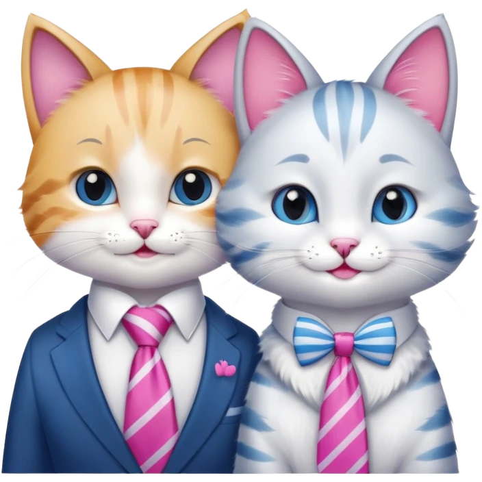 happy girl cat with bow and eyelashes wearing a bright necktie next to happy boy cat wearing a striped necktie, both cats smiling together emoji