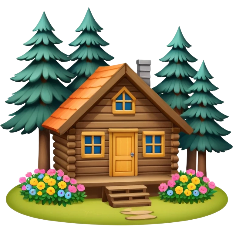 small cabin in the woods, surrounded by pines, with flowers around emoji