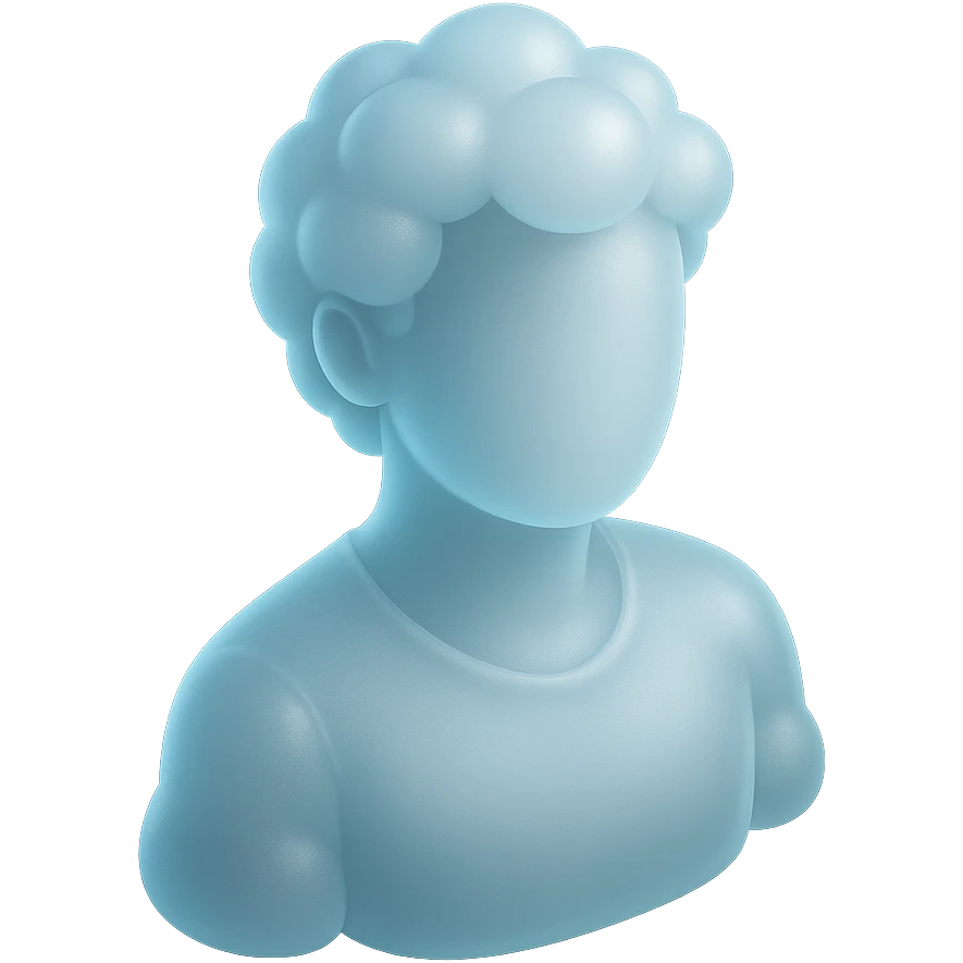 bright front view shoulder-up person, face and body made of puffy clouds, matte glass style emoji