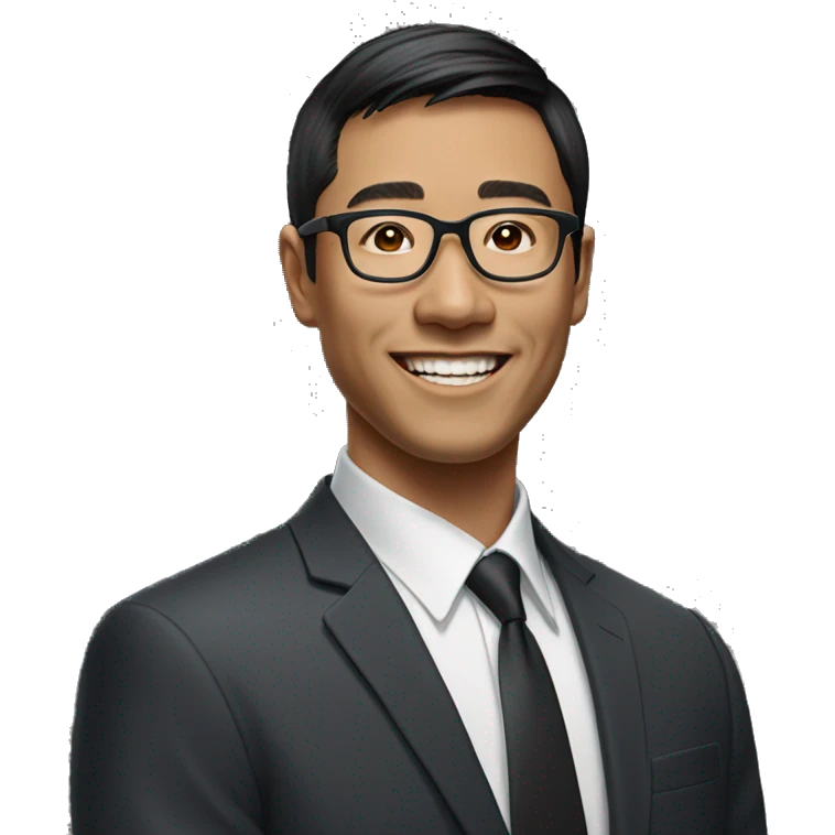 asian man black medium length bang hair smiling wearing a suit without a shirt with prescription glasses on emoji