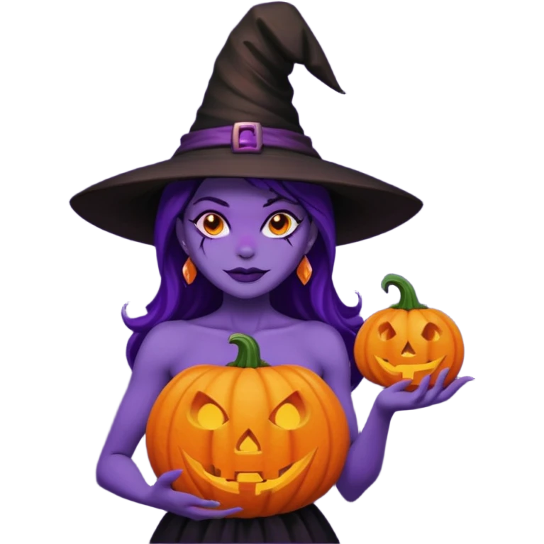 A naked woman with bare chest wears a carved pumpkin head and a witch hat with purple skin emoji