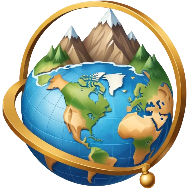 An icon featuring a globe, a compass, and a map, symbolizing geography. The design includes mountain ranges, rivers, and continents, representing the study of Earth’s landscapes and environments. Transparent background highlights the exploration and understanding of the world’s geography. emoji