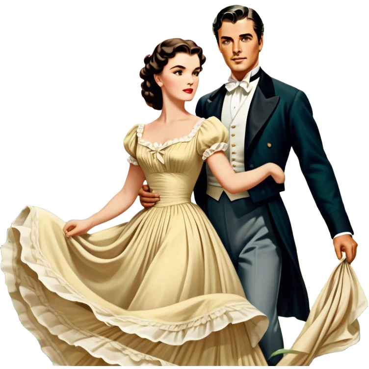 Icon for Romance Movie: A vintage movie poster-style design inspired by Gone with the Wind. Include romantic, sweeping imagery like Scarlett O'Hara in a flowing dress, Rhett Butler, a plantation backdrop, and fluttering wind-blown fabric. Soft, nostalgic cinematic feel. Transparent background. emoji