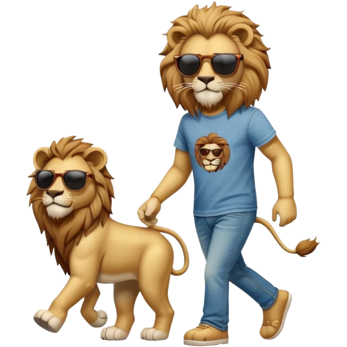 anthropomorphised lion in t-shirt and jeans wearing sunglasses walking upright emoji