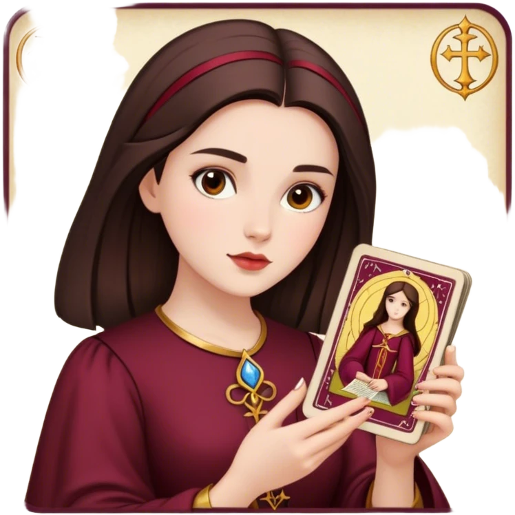 A brunette girl with a square hairstyle reading the Burgundy tarot emoji