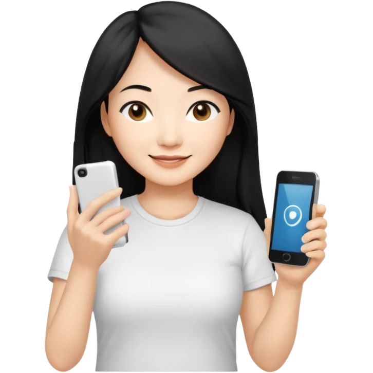 페르소나 요약 : 휴대폰을 보고 즐거워하는 여자, 40대의 편안한 차림(티셔츠)을 입은 장발의 아시아 여성이 한손으로만 휴대폰을 쥐고, 화면을 보면서 미소를 짓고 있어요. 시선은 휴대폰 화면으로 향하고 있어요. emoji