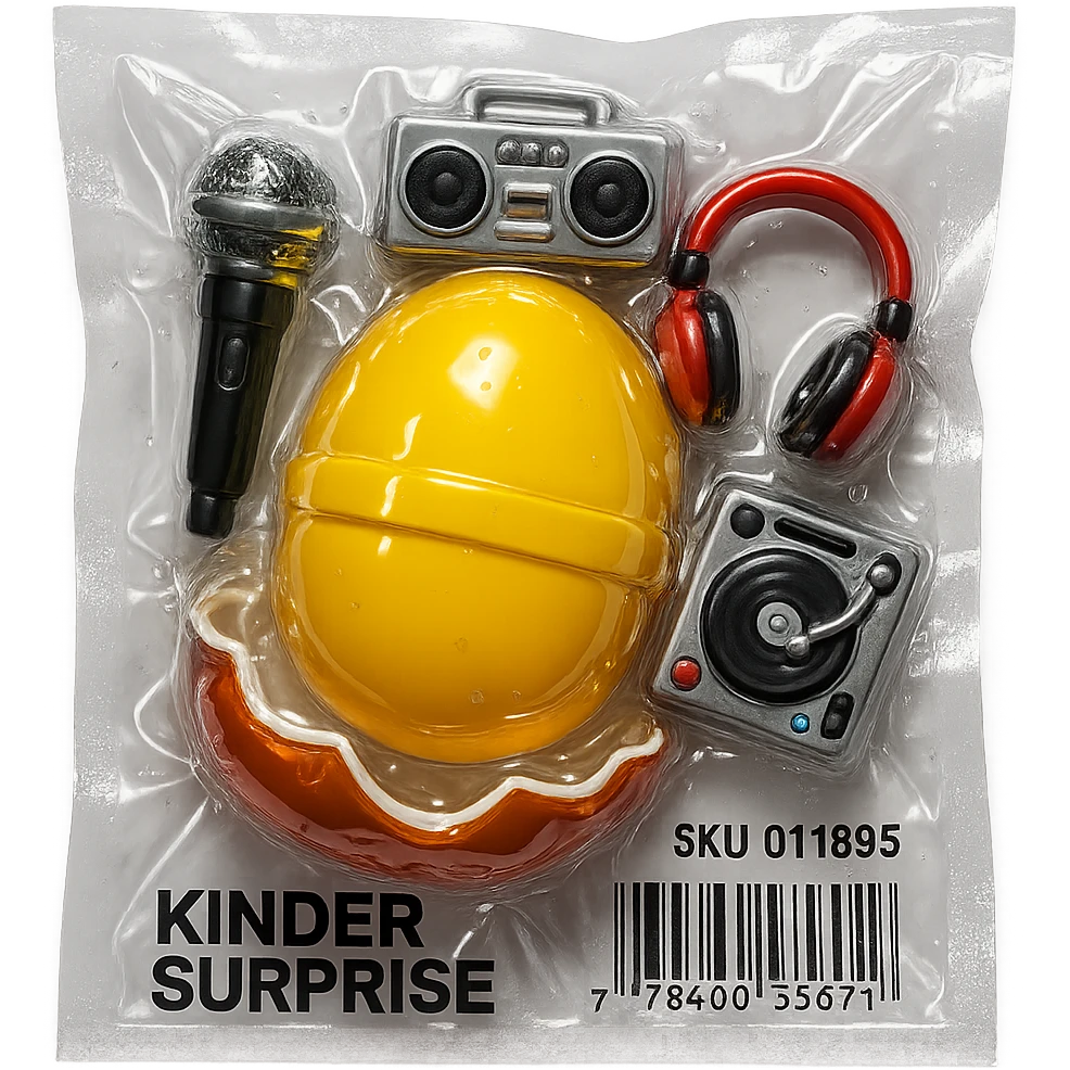 Kinder Surprise egg opened, showing toys including microphone, boombox, headphones, DJ turntable, shiny and inflated vacuum-sealed style emoji