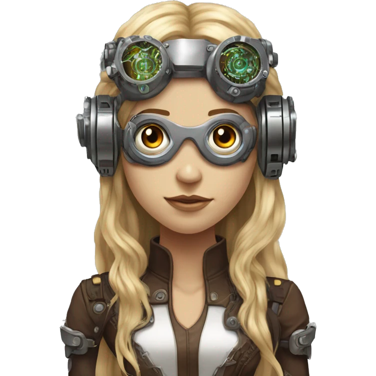 Brown long hair with blonde steaks female cyborg head, fair skin, steampunk goggles and circuits emoji