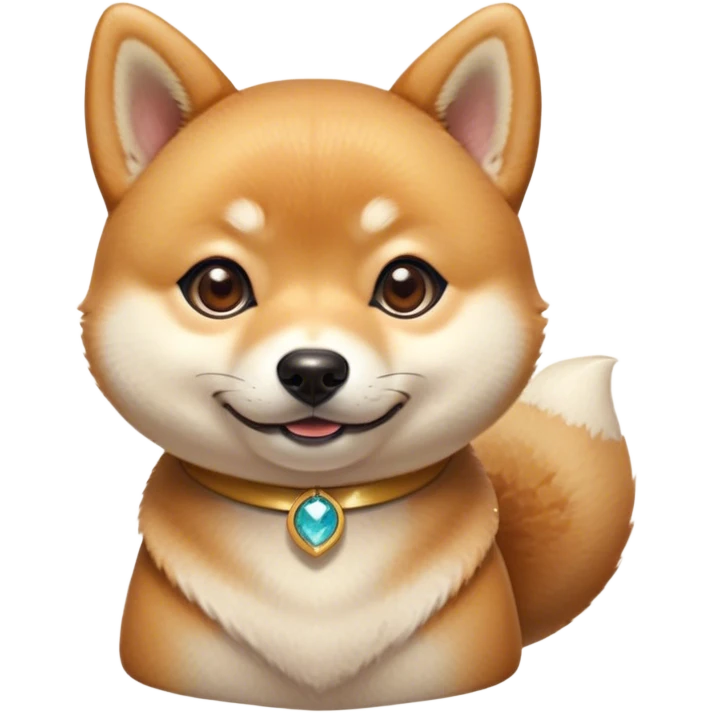 Cinematic Cute Shiba Inu Portrait Emoji, Head tilted playfully and inquisitively, featuring a richfur with a creamy underbelly and perky ears, round, sparkling brown eyes filled with curiosity, Simplified yet irresistibly adorable features, highly detailed, glowing with a warm, friendly glow, high shine, affectionate and lively, stylized with a touch of whimsy, bright and endearing, soft glowing outline, capturing the essence of a mischievous yet loving pup, so playful it feels like it could leap out of the screen and into your arms! emoji