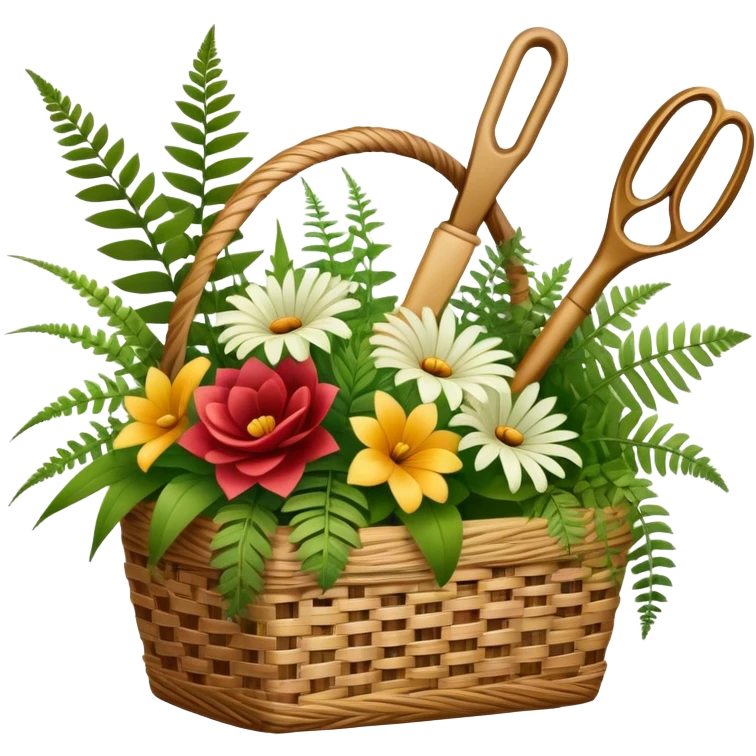 Emoji for Floristry: a bouquet of flowers in a woven basket, with reeds, ferns and floral arranging tools nearby, like scissors and a flower stem. The icon should represent creativity in flower design and arranging. Transparent background. emoji