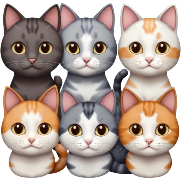 5 different coloured short haired cats including; a dark brown and white cat, and a dark grey and white, and a calico emoji