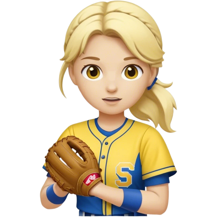 Blonde softball player wearing blue and yellow pitching softball emoji