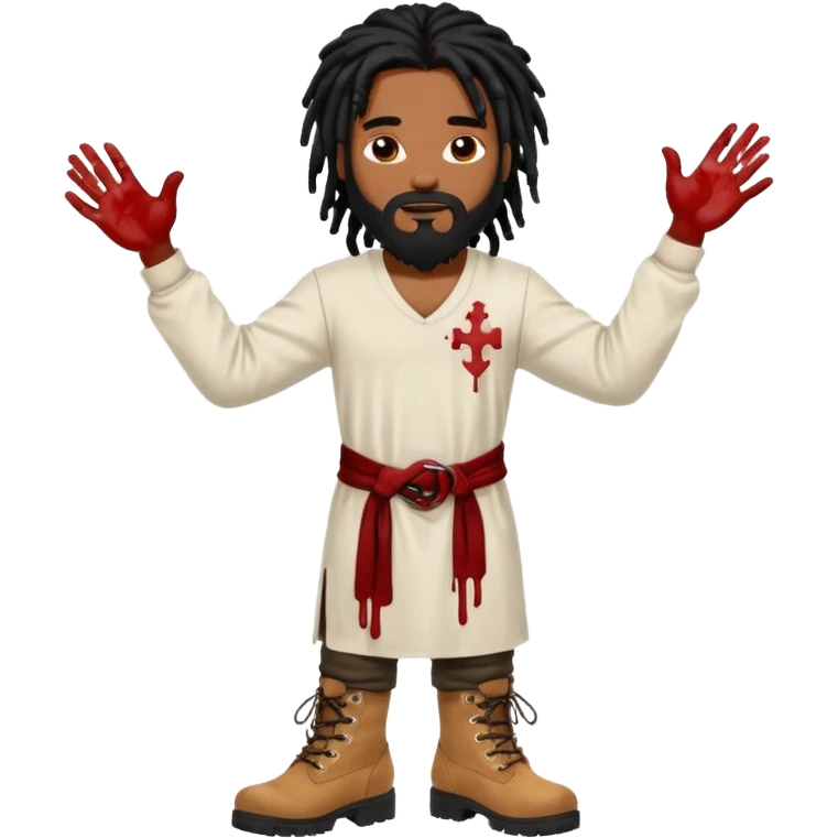 African American man with shoulder length black dreadlocks with black beard wearing a white tunic with blood on it wearing timberland boots with hands out clean emoji