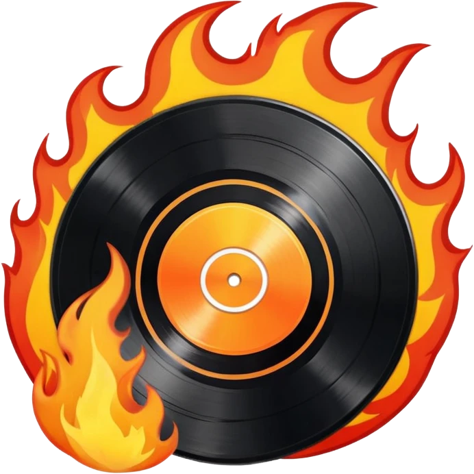 a black vinyl record white sticker and flames  emoji