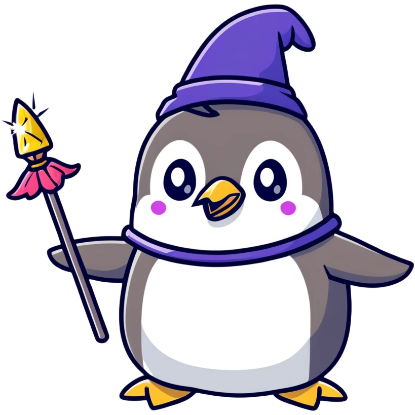 cute penguin wizard with magical sparkles, holding a magic staff emoji