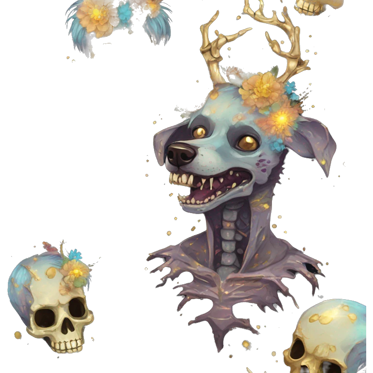 iridescent kintsugi fluffy zombie black brown gold dog fox head zombie skeleton gold mechanical nebula galaxy stars colorful flowers fairy lights vintage zombie emoji