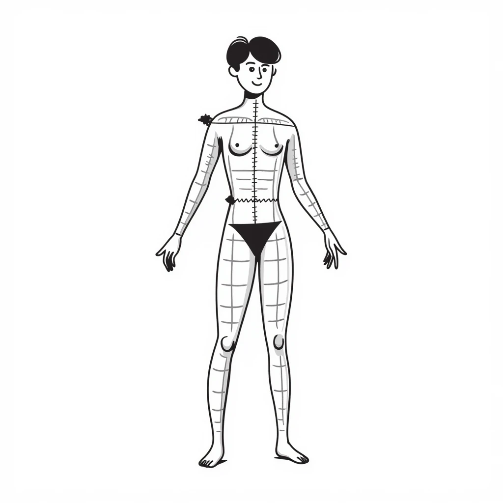 Human figure with digital measurement lines and grid pattern overlay, 3D body scan visualization emoji