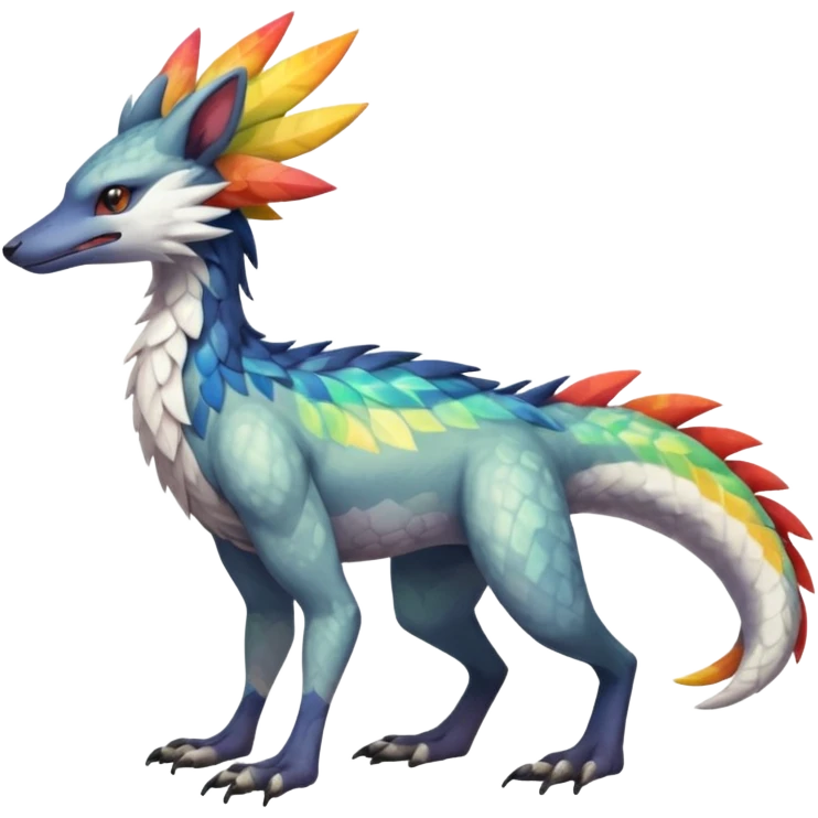 Colorful Fruity Iridescent Warm-colored Tropical Exotic Vernid-Sergal-Trico-Silvally-Nargacuga-fusion-hybrid-animal-creature, full body emoji