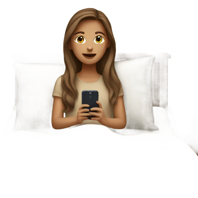 white girl with long brown hair in a bed with beige comforter on her phone emoji
