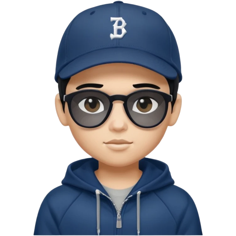 generate a fair pretty bratz boy wearing a dark blue baseball cap with black sunglasses and a grey hoodie

hair black  emoji