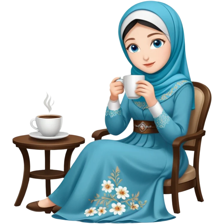 Turkish beautiful finish Konya girls blue eyes with floral Beauty hijab long tail dress and the two friends sits on the chair on the ground and holds cup coffe with her hand  emoji