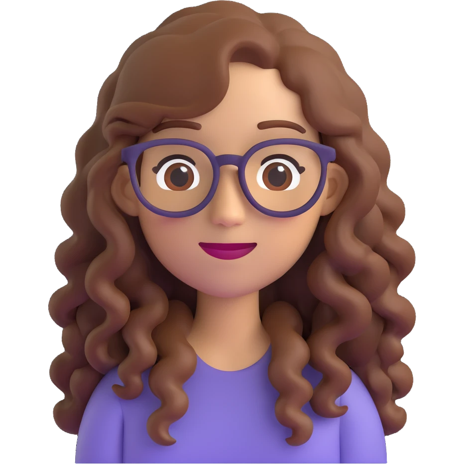 woman with long curly brown hair and eyeglasses, 3D emoji style emoji