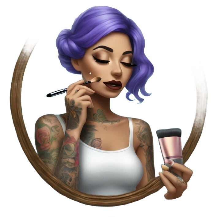Hyper Realistic Beautiful tattooed woman applying her makeup in a mirror with lights on emoji
