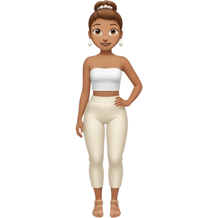 Full body Light brown skin girl, brown hair in bun, smiling, white tube top, pearl earrings emoji