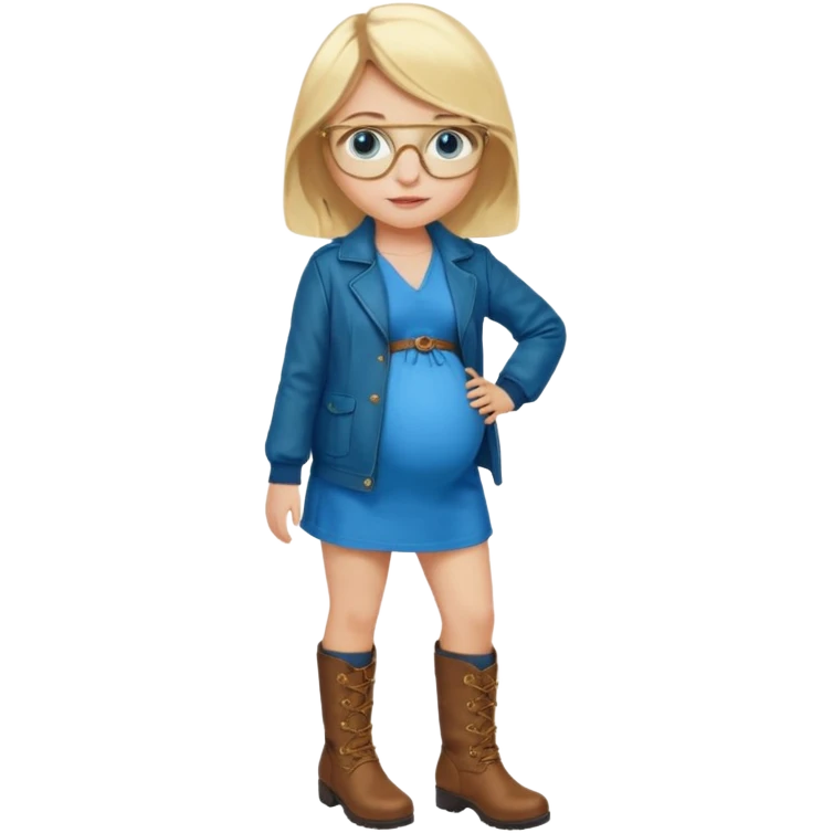18 year-old pregnant blonde girl with golden glasses with blue eyes in a bright blue dress and a dark green jacket and brown boots emoji