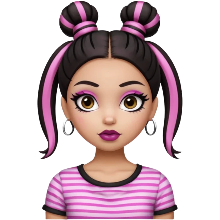 generate a pretty fair bratz girl with dark brown eyes. Dark brown hair straight hair with pink highlights tied into buns.  eyeliner. black lipstick. Black and white striped top.  emoji