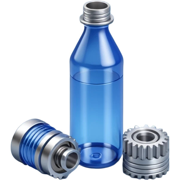 "A high-quality 3D isometric icon of a blue translucent PET plastic bottle standing next to a sleek metallic industrial gear. Clean studio lighting, white background, soft shadows, 3D clay render style, minimalist and professional." emoji