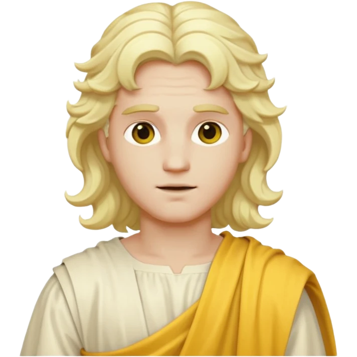 Apollo from Olympus Gods with long white blonde wavy hair, yellow toga emoji
