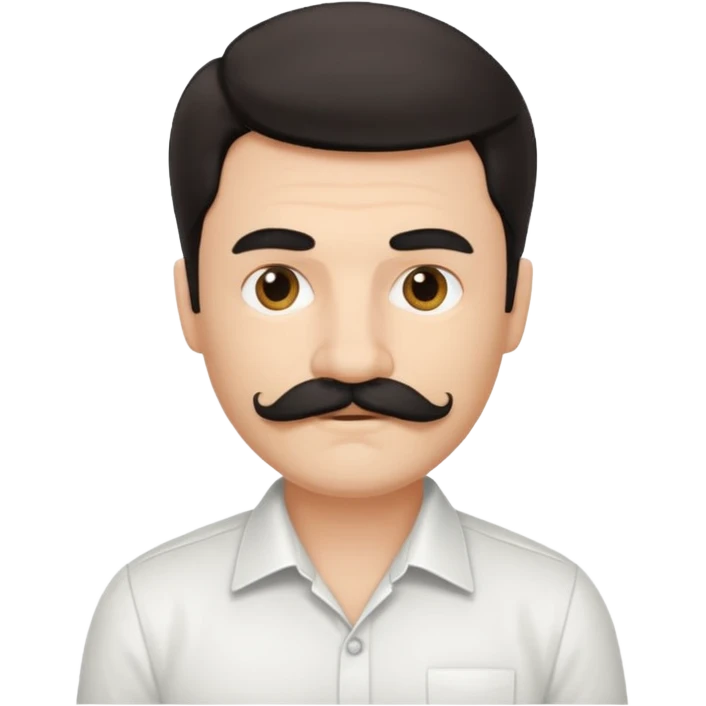 mustached man with medium hair and white shirt and black mustach and hair emoji