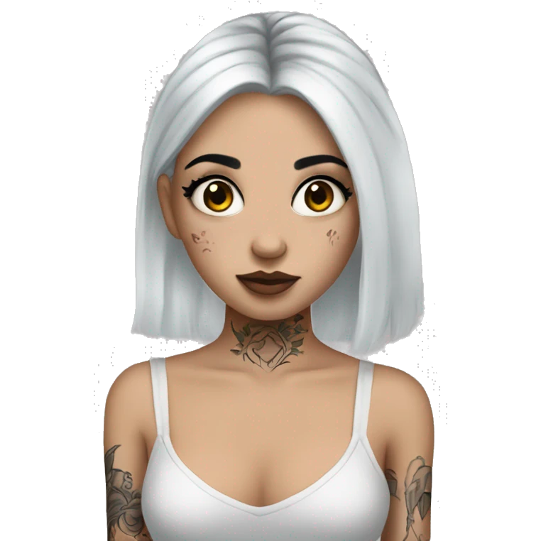 Pale girl with black hair, arm tattoos and long eyelashes emoji