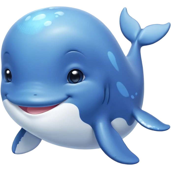 Cinematic happy baby whale, chubby rounded body, tiny smiling face, soft pastel blue hues, gentle glowing waves around, joyful and soothing. emoji