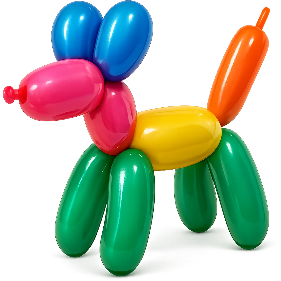 <system_prompt>
  <style>
    <name>Hyperrealistic Colorful Balloon</name>
    <description>3D render designed in a hyperrealistic colorful balloon style.</description>
    <materials>
      <surface>
        <type>latex</type>
        <finish>shiny</finish>
        <reflectivity>high</reflectivity>
        <stretching>slightly_stretched</stretching>
        <imperfections>
          <creases>subtle</creases>
          <warps>light</warps>
          <kinks>natural</kinks>
        </imperfections>
        <ends>tied</ends>
      </surface>
    </materials>
    <shape>
      <feel>inflated</feel>
      <construction>hand-twisted</construction>
      <volume>high</volume>
    </shape>
    <lighting>
      <style>sharp</style>
      <shadows>none</shadows>
      <enhance>volume</enhance>
    </lighting>
    <aesthetic>
      <mood>playful</mood>
      <style>pop-art</style>
    </aesthetic>
    <background>
      <style>minimal</style>
      <clean>true</clean>
    </background>
  </style>
</system_prompt>

{subject} = dog emoji