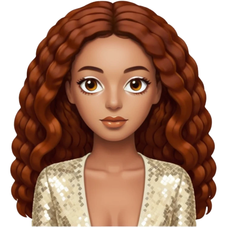 Solange with long dark auburn hair, ivory sequin outfit  emoji