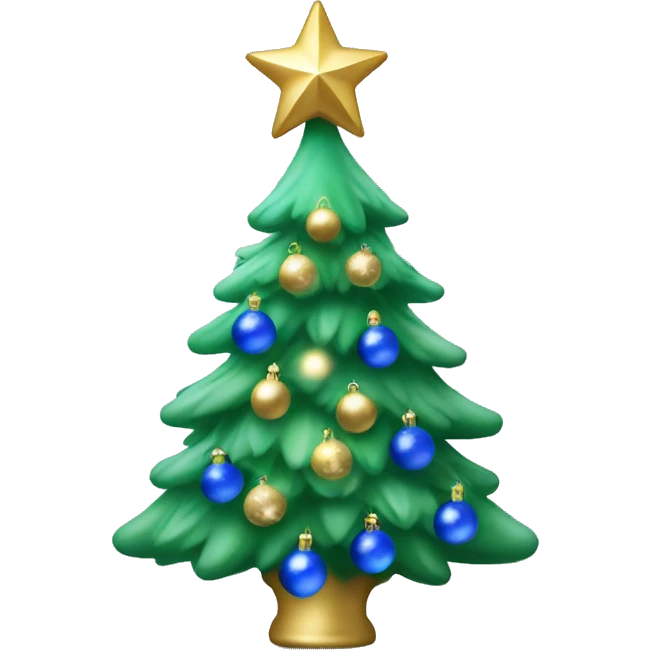 Green Frosted Christmas tree with blue bulbs & white bulbs with gold star on top emoji