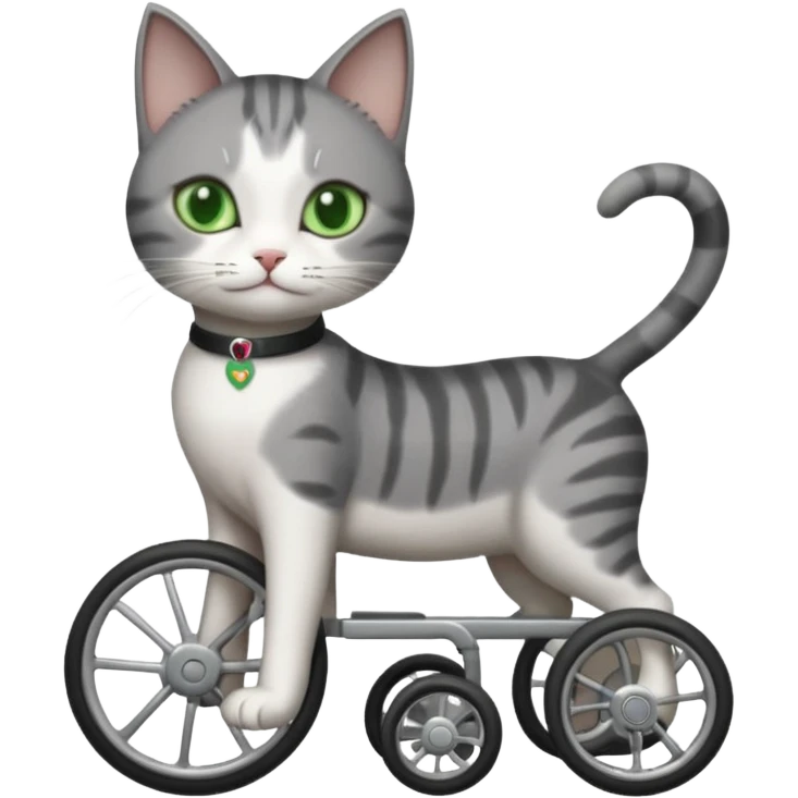 full body small short hair dark grey and white cat with green eyes walking in a wheelchair for cats emoji