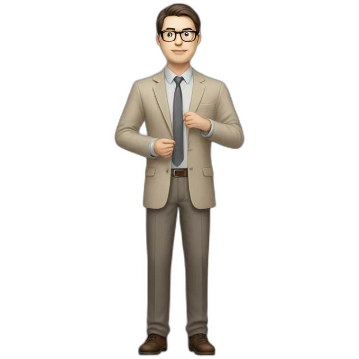 Full height Actively Gesturing Pale skinned fit man with dark brown hair in gray jacket, beige office shirt, brown tie, brown pants and vintage glasses. emoji