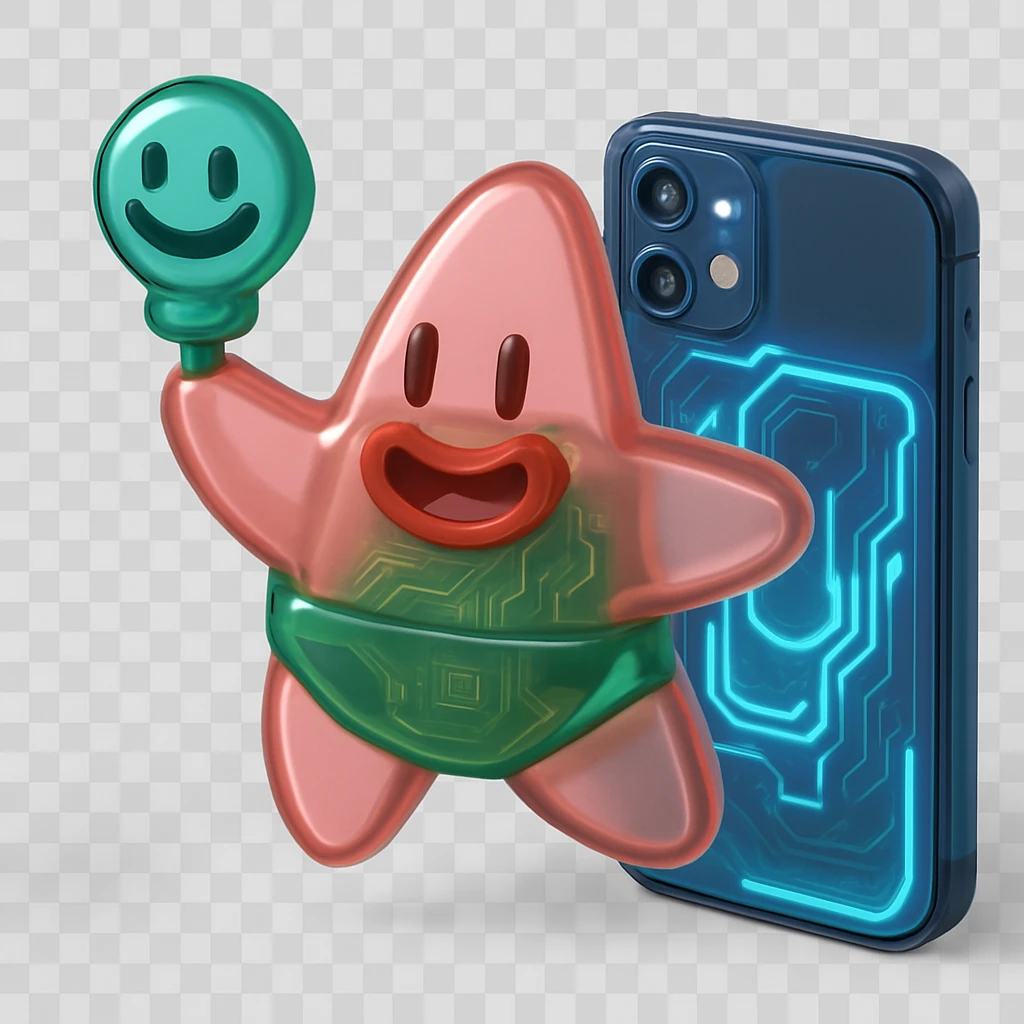 A futuristic smartphone with glowing internal circuitry visible through the translucent casing emoji