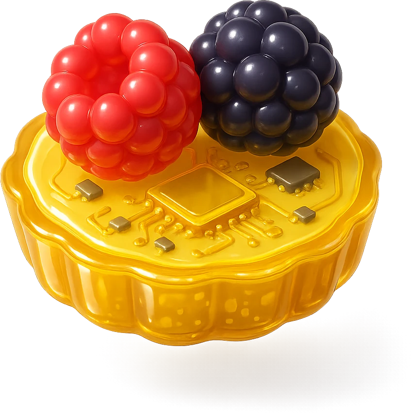3D glossy mini fruit tartlets, filled with lemon curd, topped with raspberries and blackberries, shiny highlights emoji