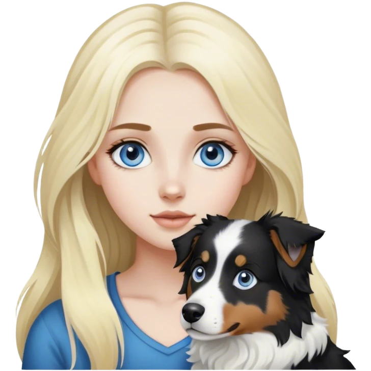 pale girl with blue eyes and long blonde hair and black white Australian shepherd. emoji