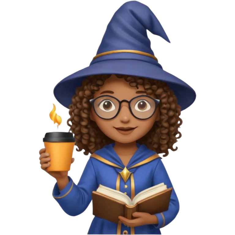 A Joyful child Female with Brown skin and Curly hair, wearing a Traditional outfit, a Wizard hat, Sunglasses, carrying a Spellbook, working as a farmer, while drinking Coffee and reading a Textbook. emoji
