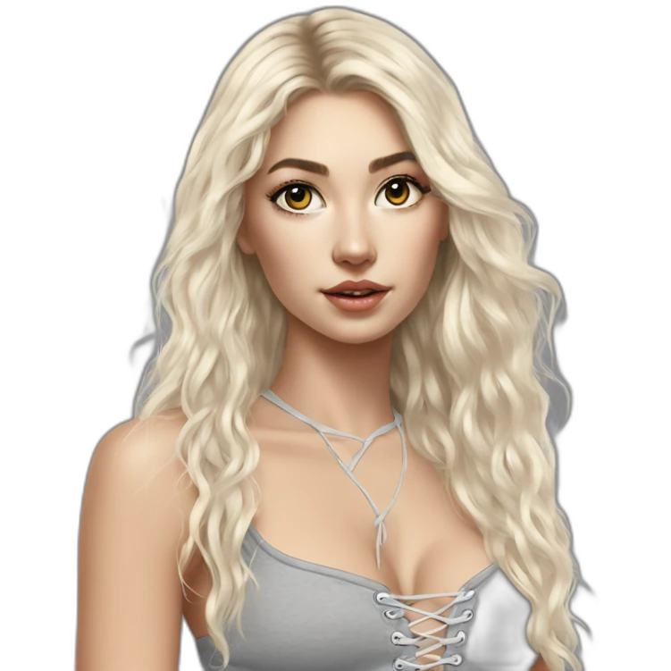 caucasian straight long haired blonde, white plush lace up crop top, tight grey mini skirt, hyperrealist drawing emoji