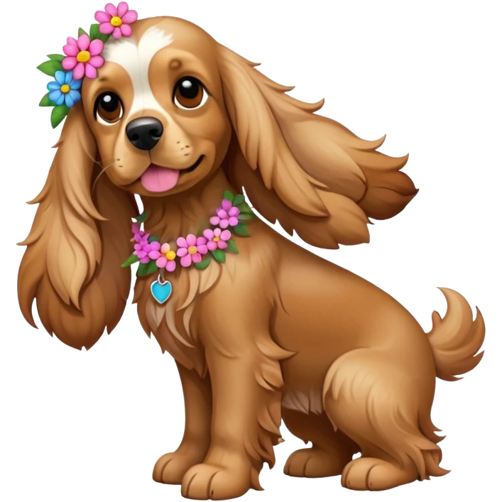 Full body shot of a cocker spaniel with flowers emoji
