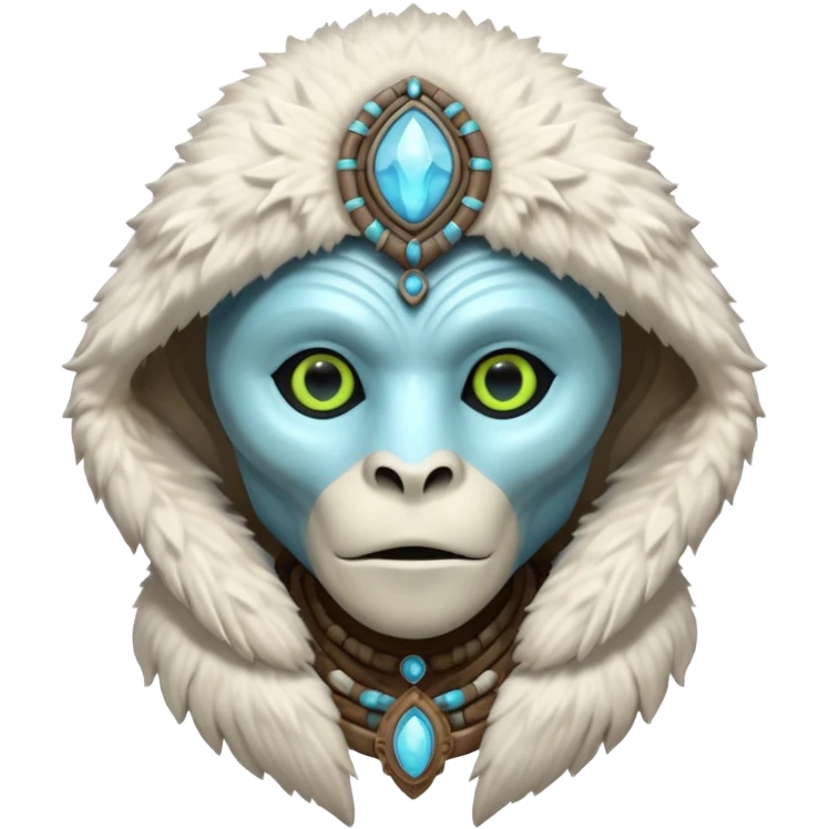 ancient arctic alien shaman portrait, head and shoulders only, Inuit-inspired fur hood, carved bone ornaments, glowing cosmic eyes, icy alien skin, spiritual sci-fi vibe, 3D cartoon, mobile game icon style, clean background, no text, no watermark


 emoji